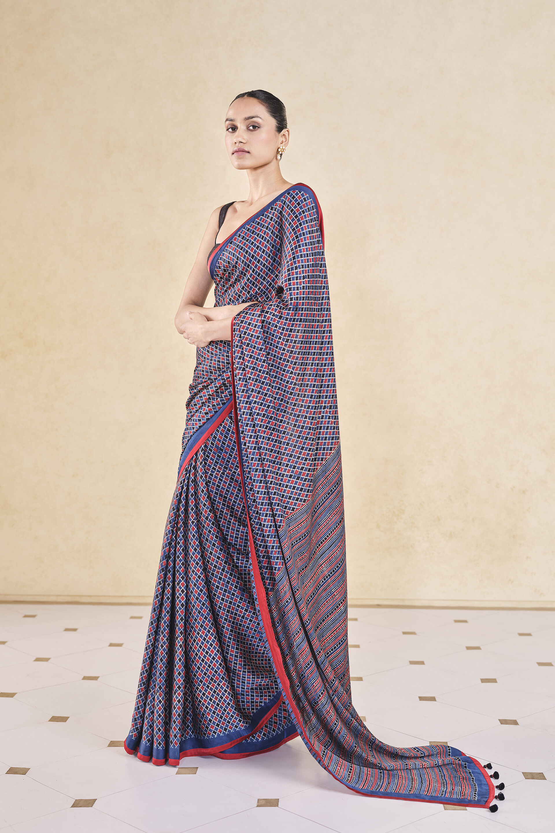 Briscoe Handcrafted Ajrakh Saree, Indigo, image 3